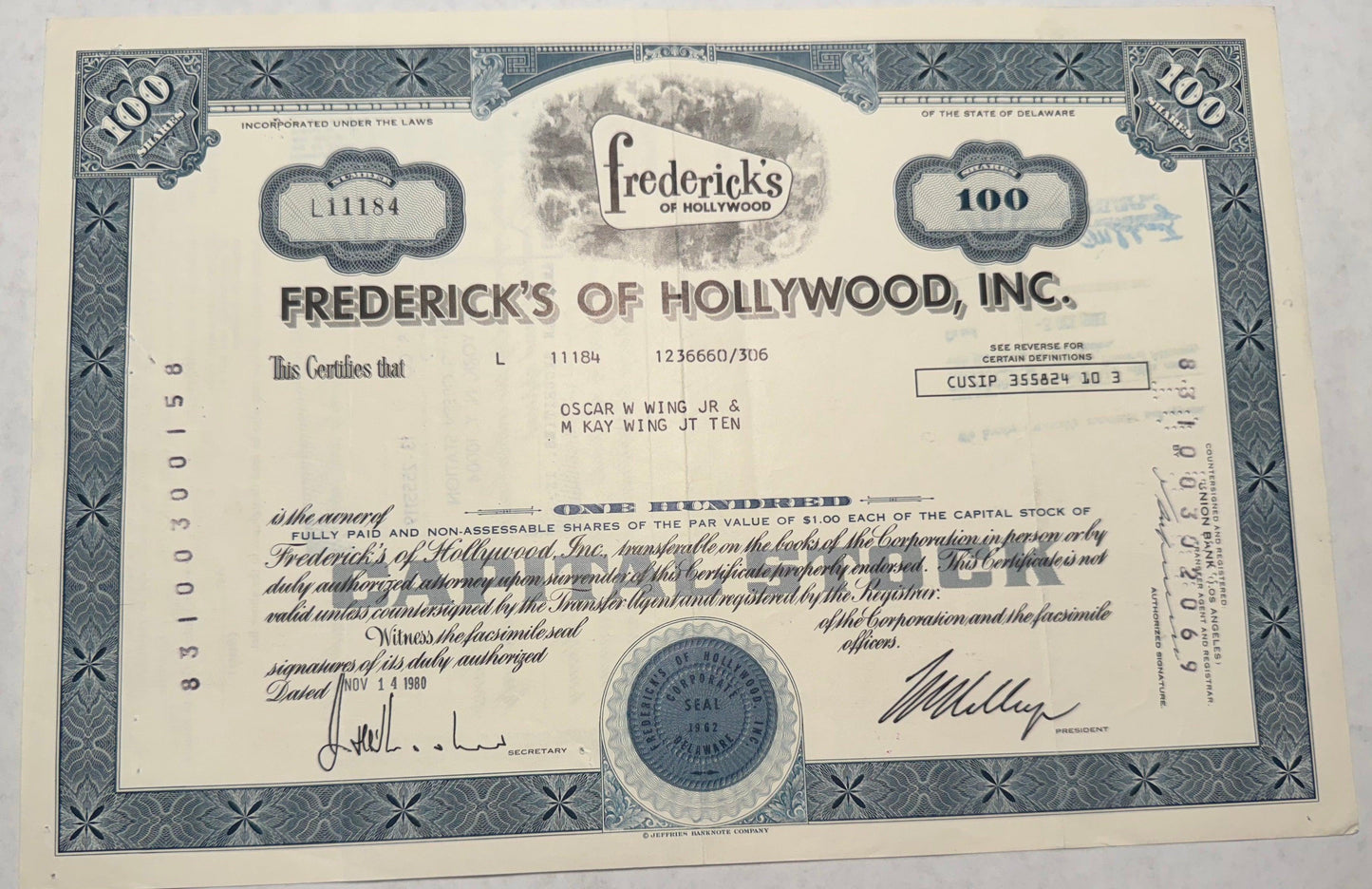 Fredrick's of Hollywood Stock Certificate (Women's Lingerie Store in LA)