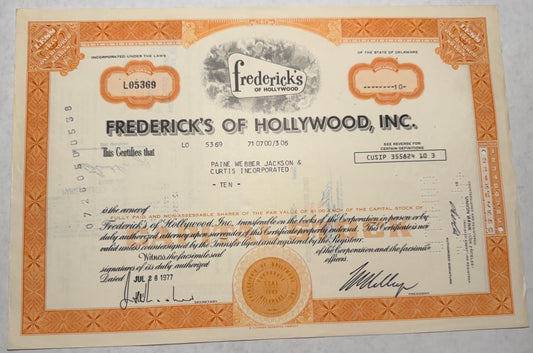 Fredrick's of Hollywood Stock Certificate (Orange) 