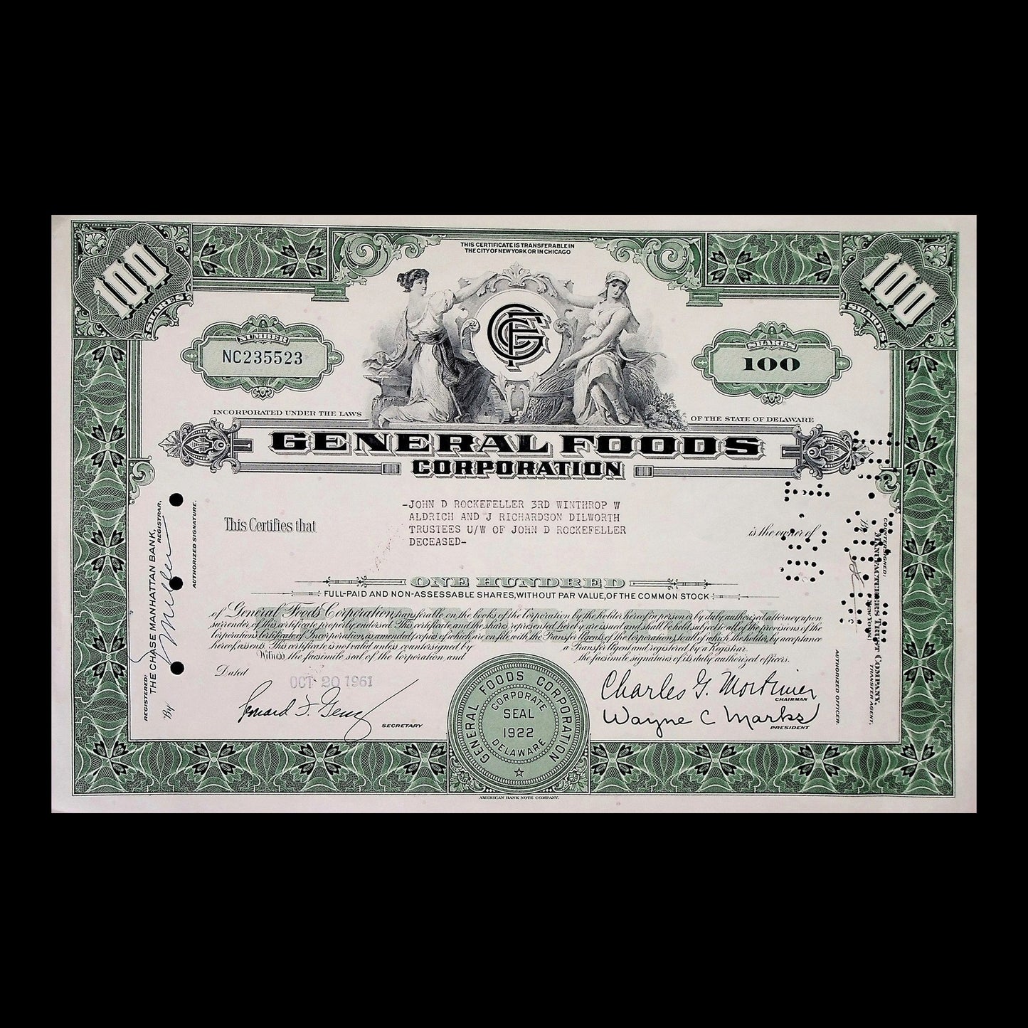 General Foods Corporation Stock Certificate from 1961