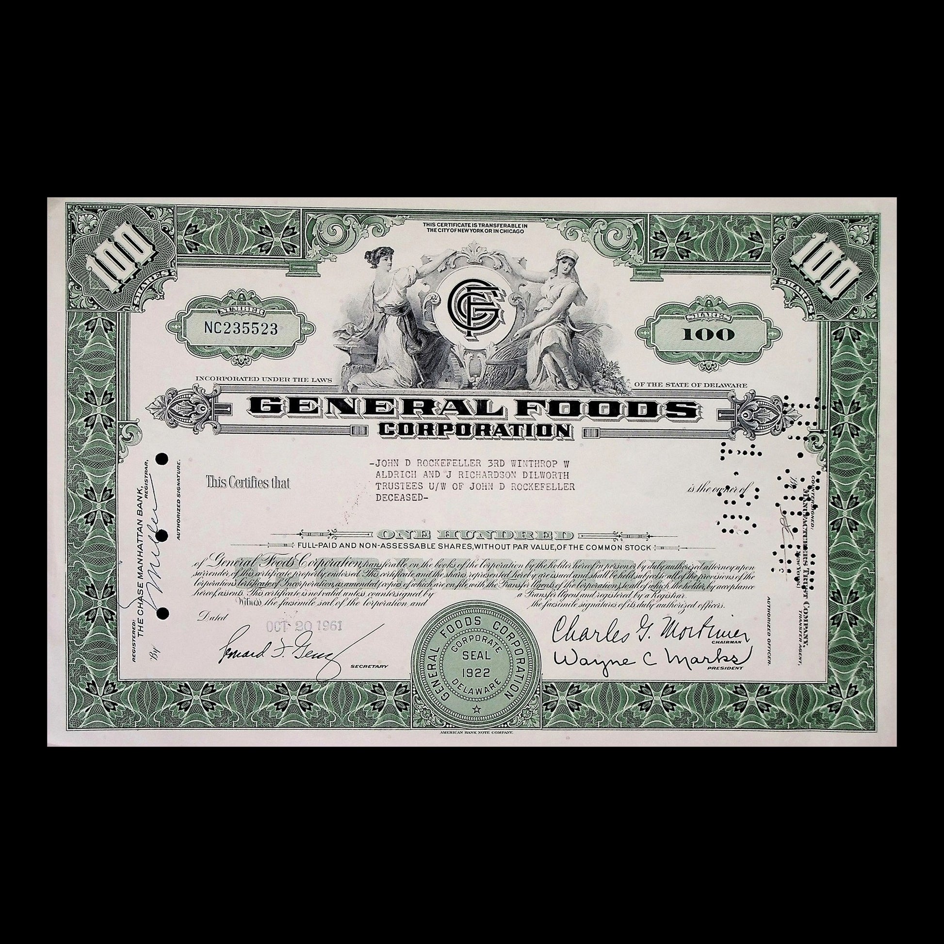 General Foods Corporation Stock Certificate from 1961