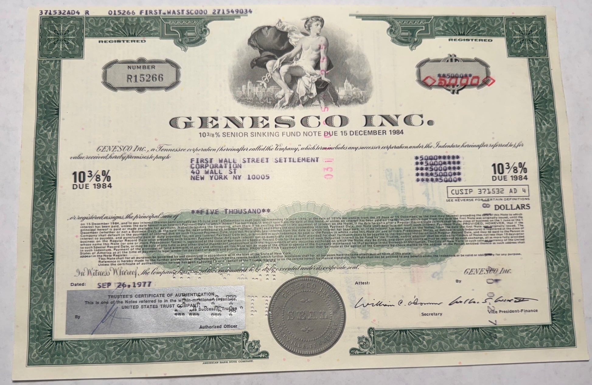 Genesco Inc, Bond Certificate - issued 1977, due 1984 for 10 3/8 %. 