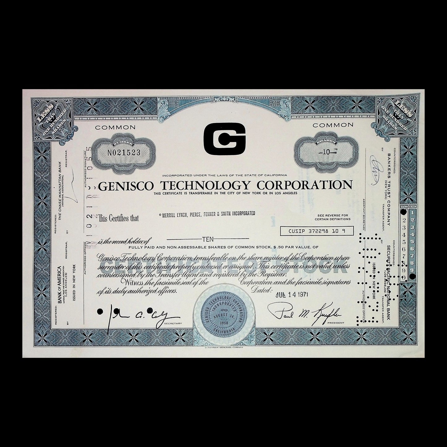 Genisco Technology Corporation Stock Certificate from 1971