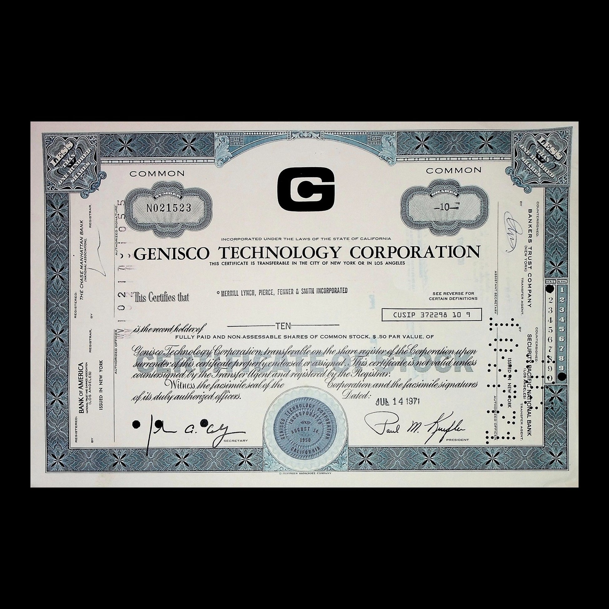 Genisco Technology Corporation Stock Certificate from 1971