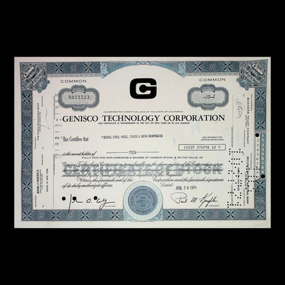 Genisco Technology Corporation Stock Certificate from 1971