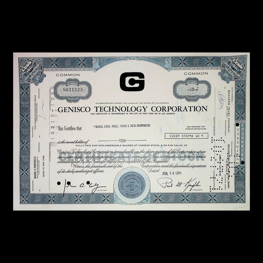 Genisco Technology Corporation Stock Certificate from 1971