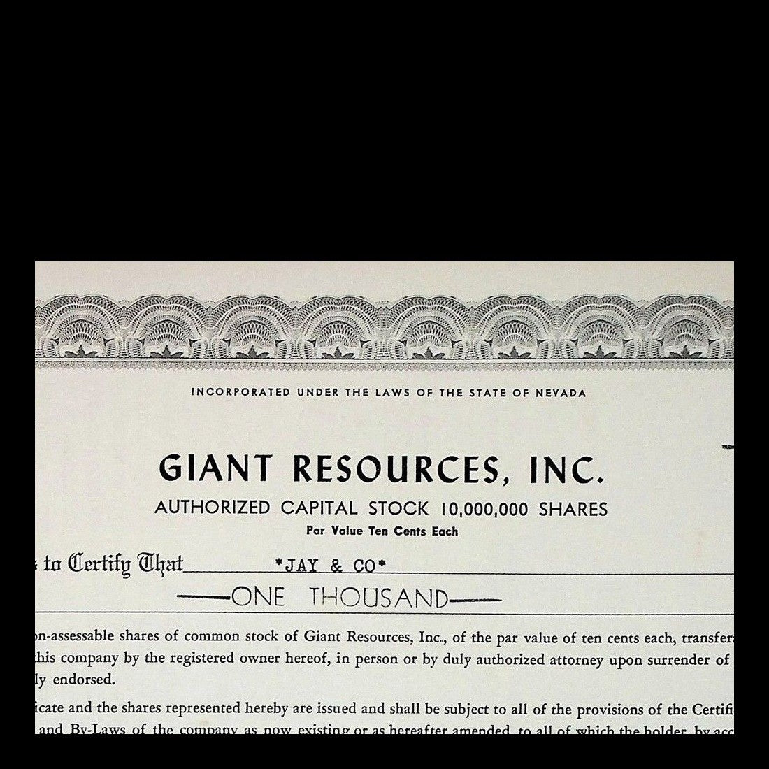 Giant Resources, Inc. Stock Certificate from 1962