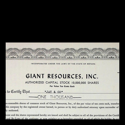 Giant Resources, Inc. Stock Certificate from 1962