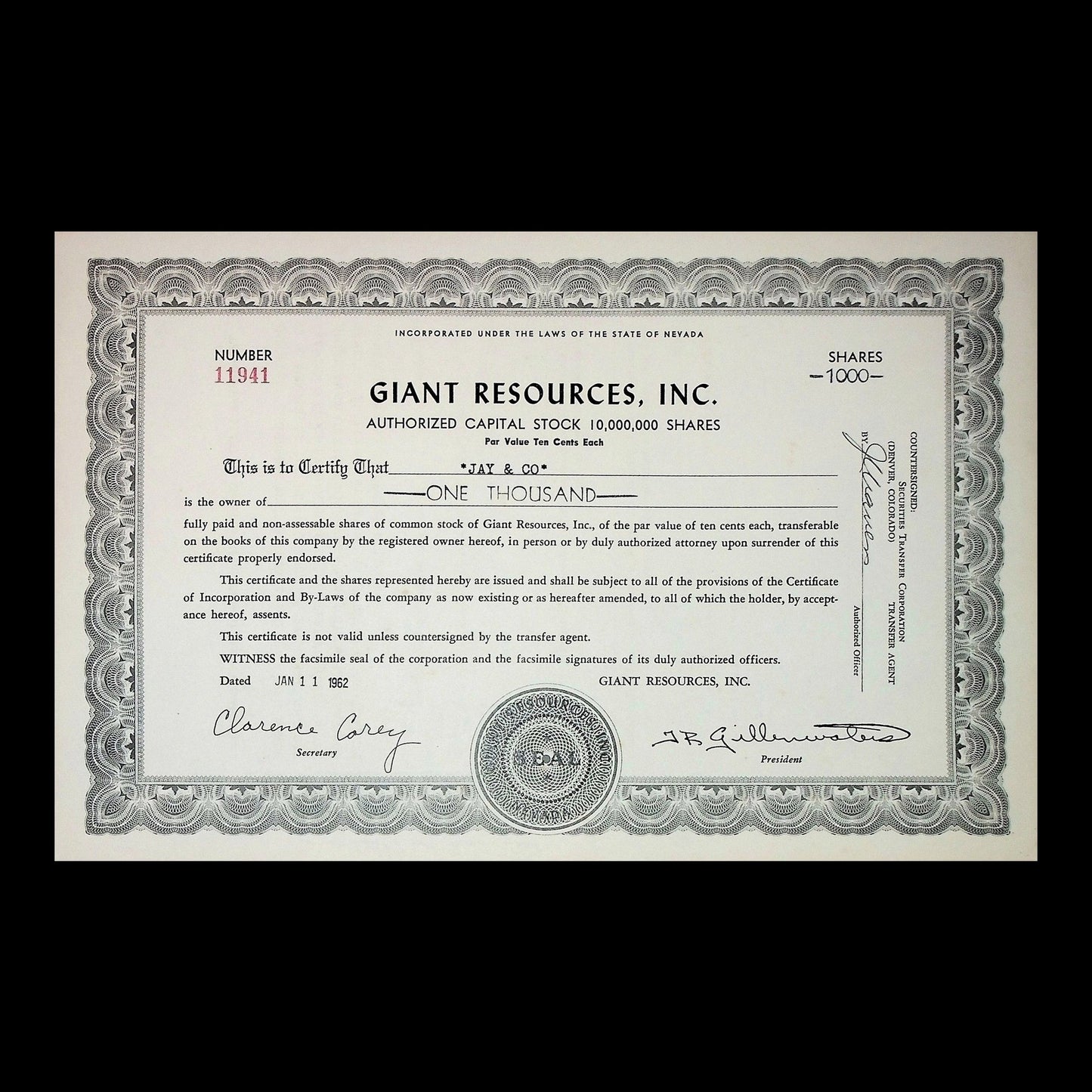 Giant Resources, Inc. Stock Certificate from 1962