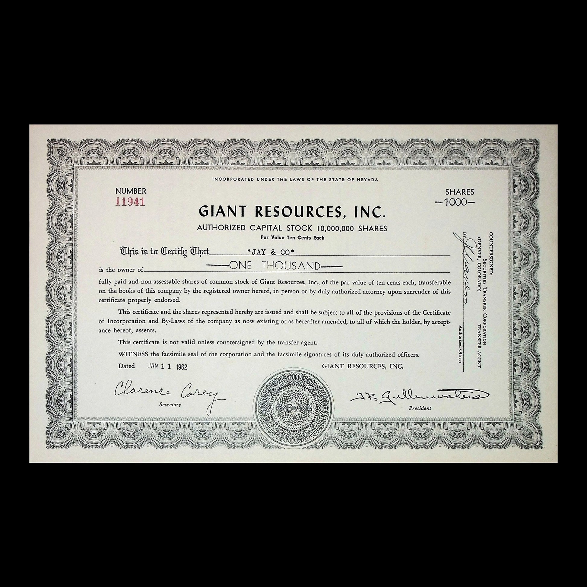 Giant Resources, Inc. Stock Certificate from 1962