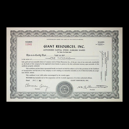 Giant Resources, Inc. Stock Certificate from 1962