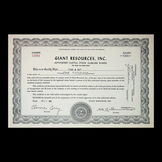Giant Resources, Inc. Stock Certificate from 1962