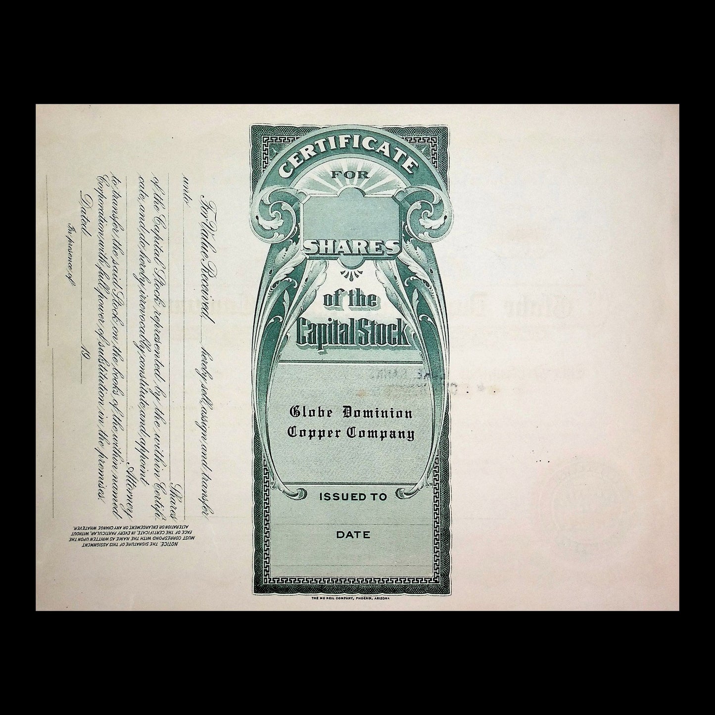 Globe Dominion Copper Company Stock Certificate from 1924