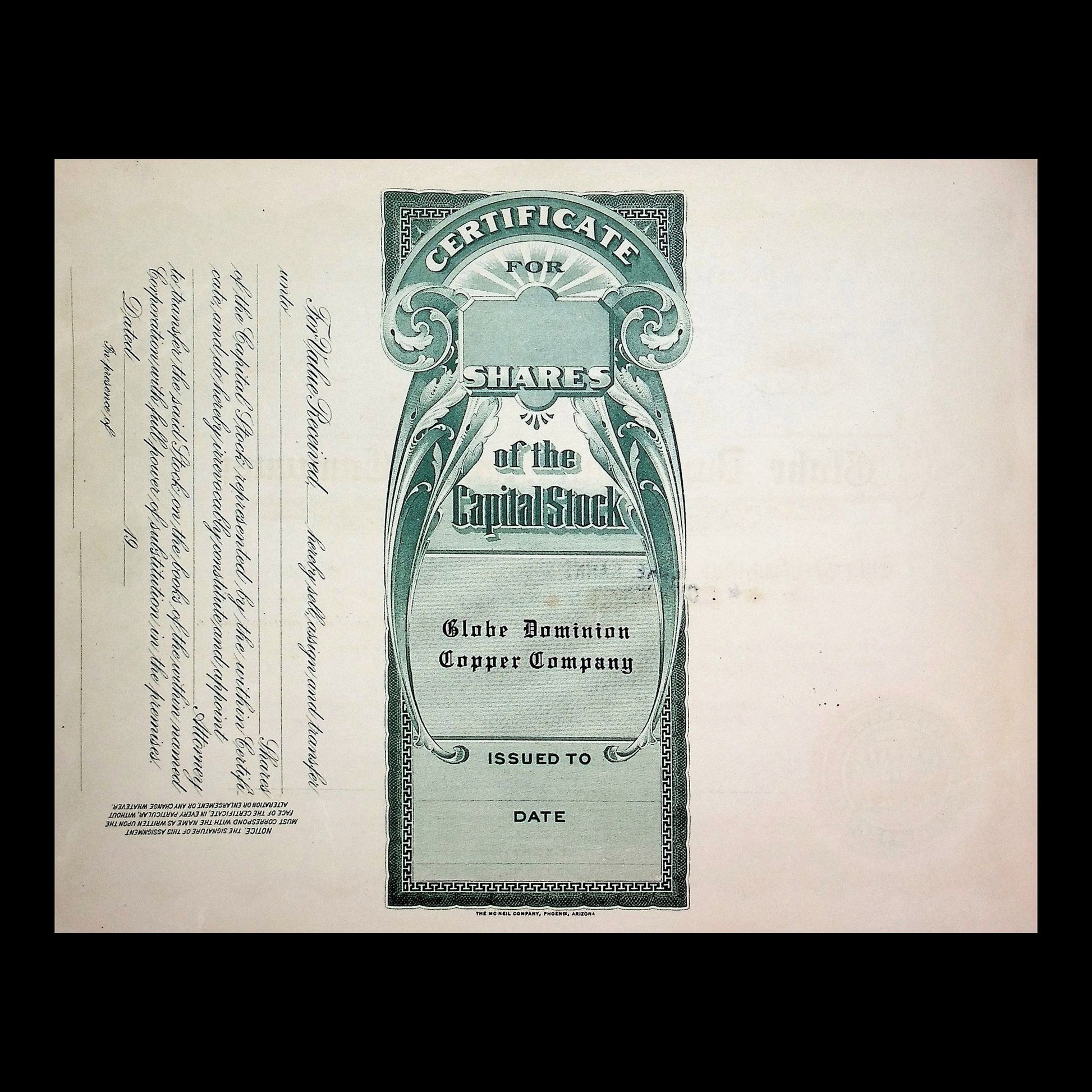 Globe Dominion Copper Company Stock Certificate from 1924