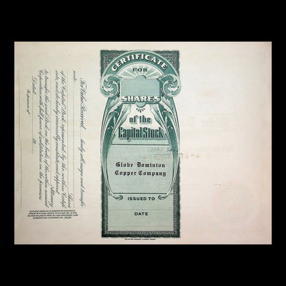 Globe Dominion Copper Company Stock Certificate from 1924