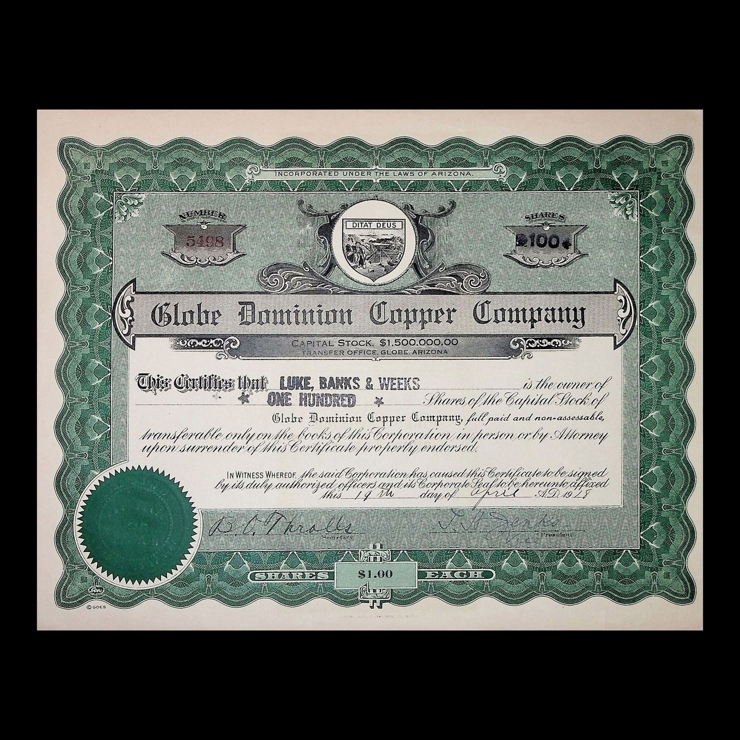 Globe Dominion Copper Company Stock Certificate from 1924