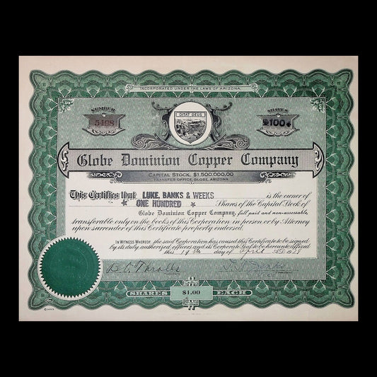 Globe Dominion Copper Company Stock Certificate from 1924