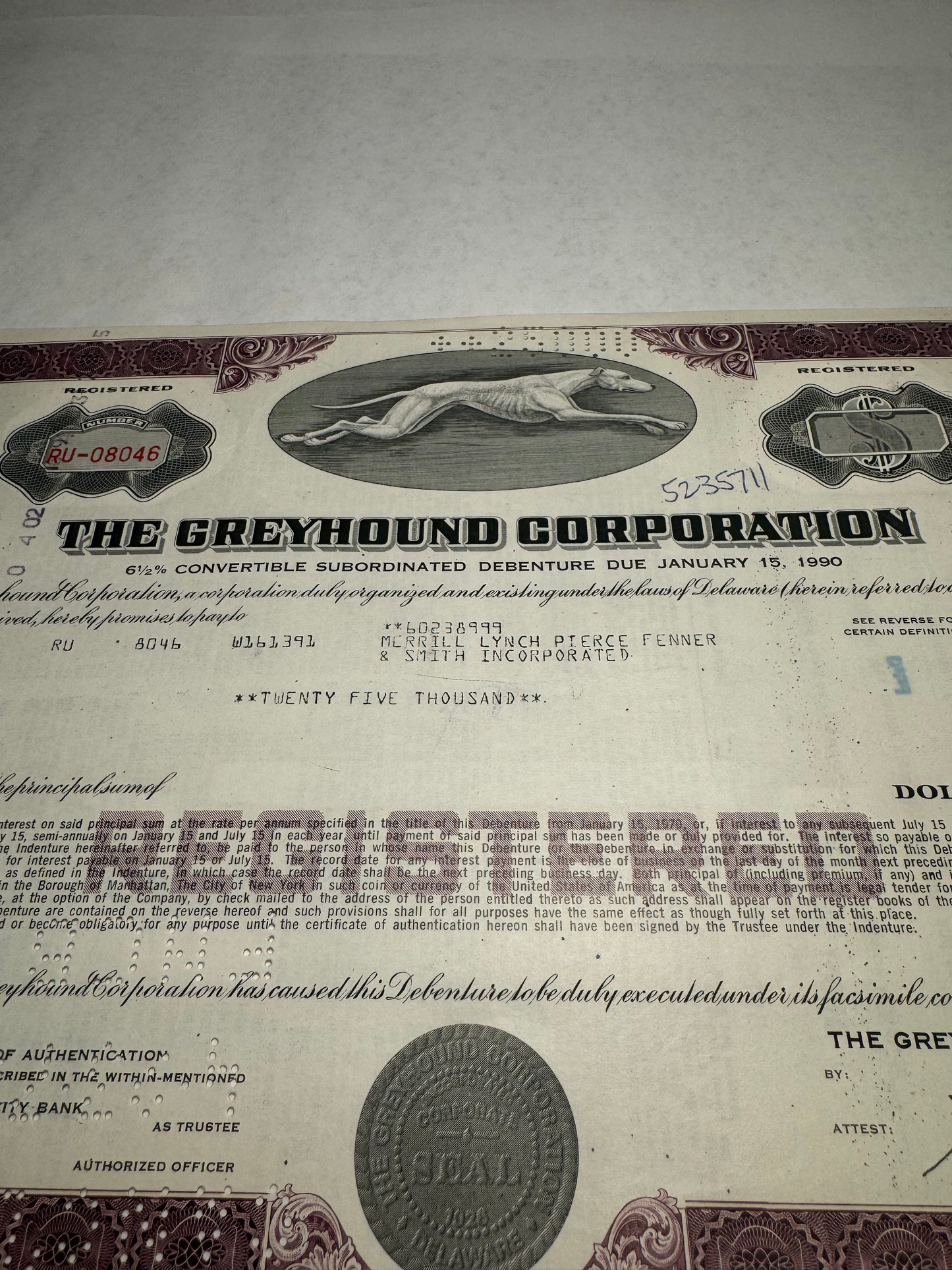 The Greyhound (Bus) Corporation Bond Certificate