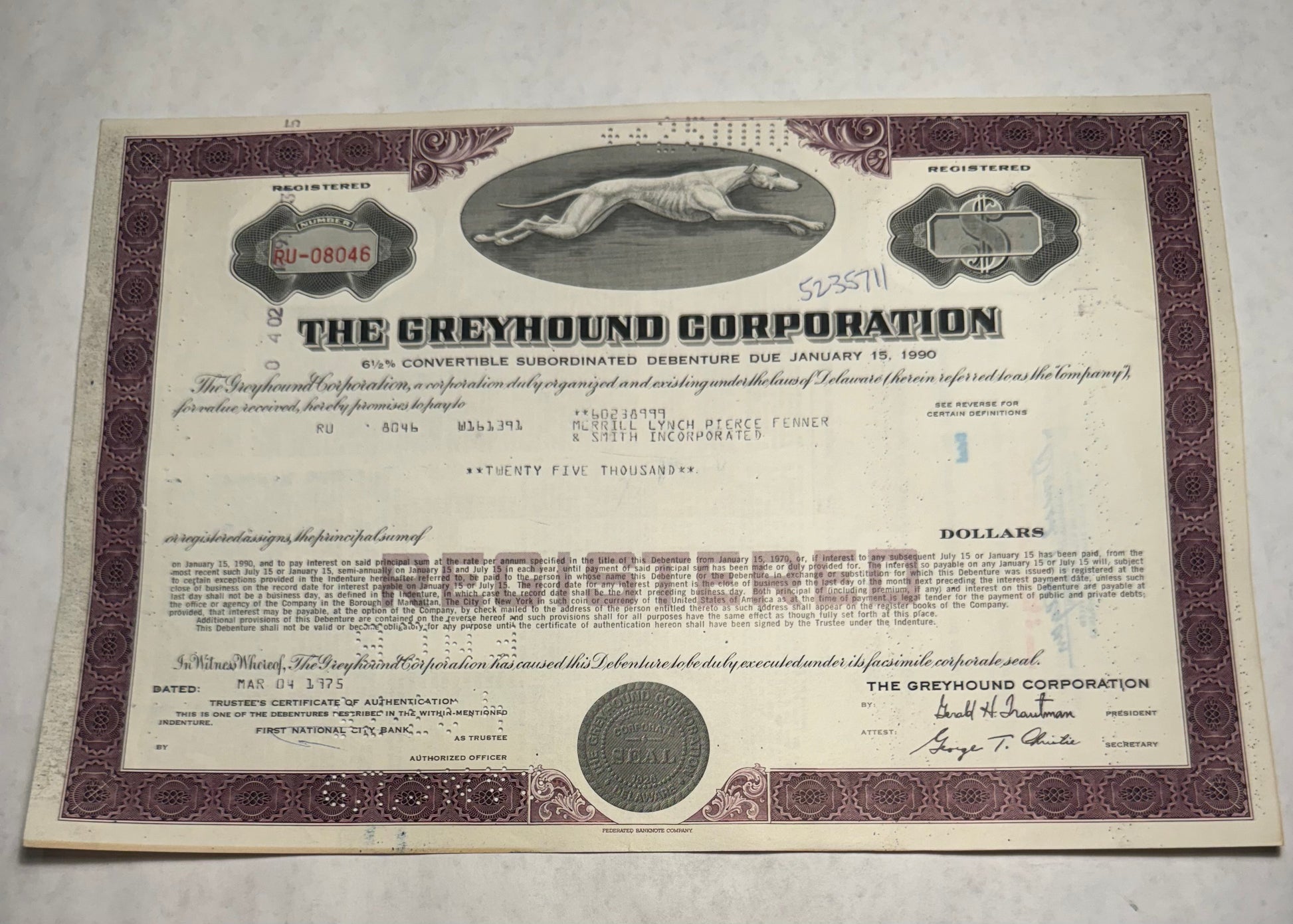 The Greyhound (Bus) Corporation Bond Certificate