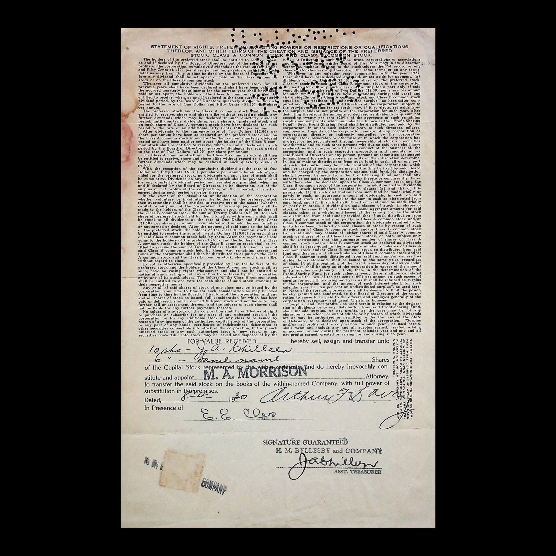 H. M. Byllesby and Company Stock Certificate from 1930