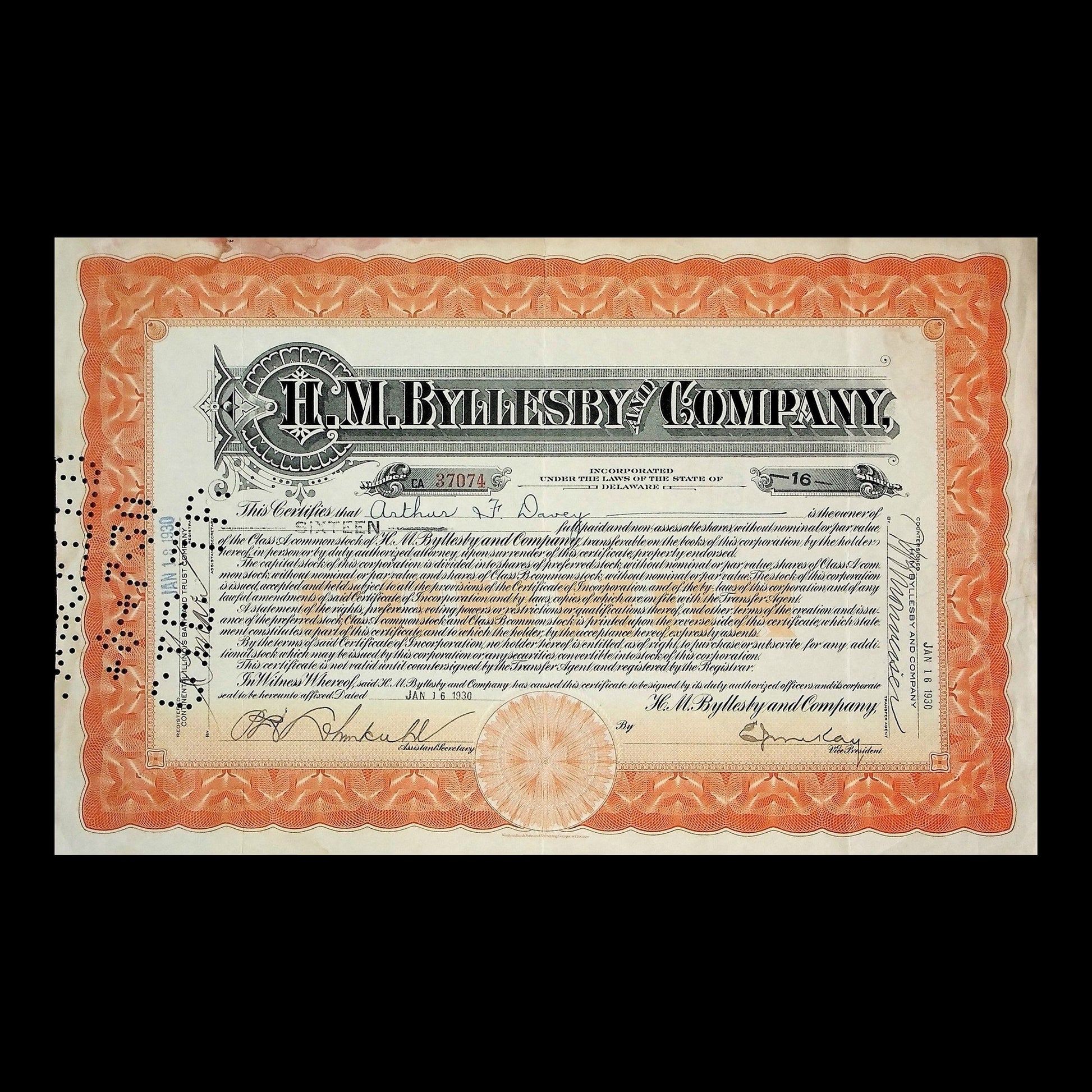 H. M. Byllesby and Company Stock Certificate from 1930