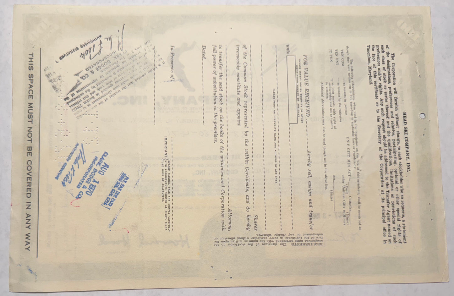 Head Ski Company Stock Certificate