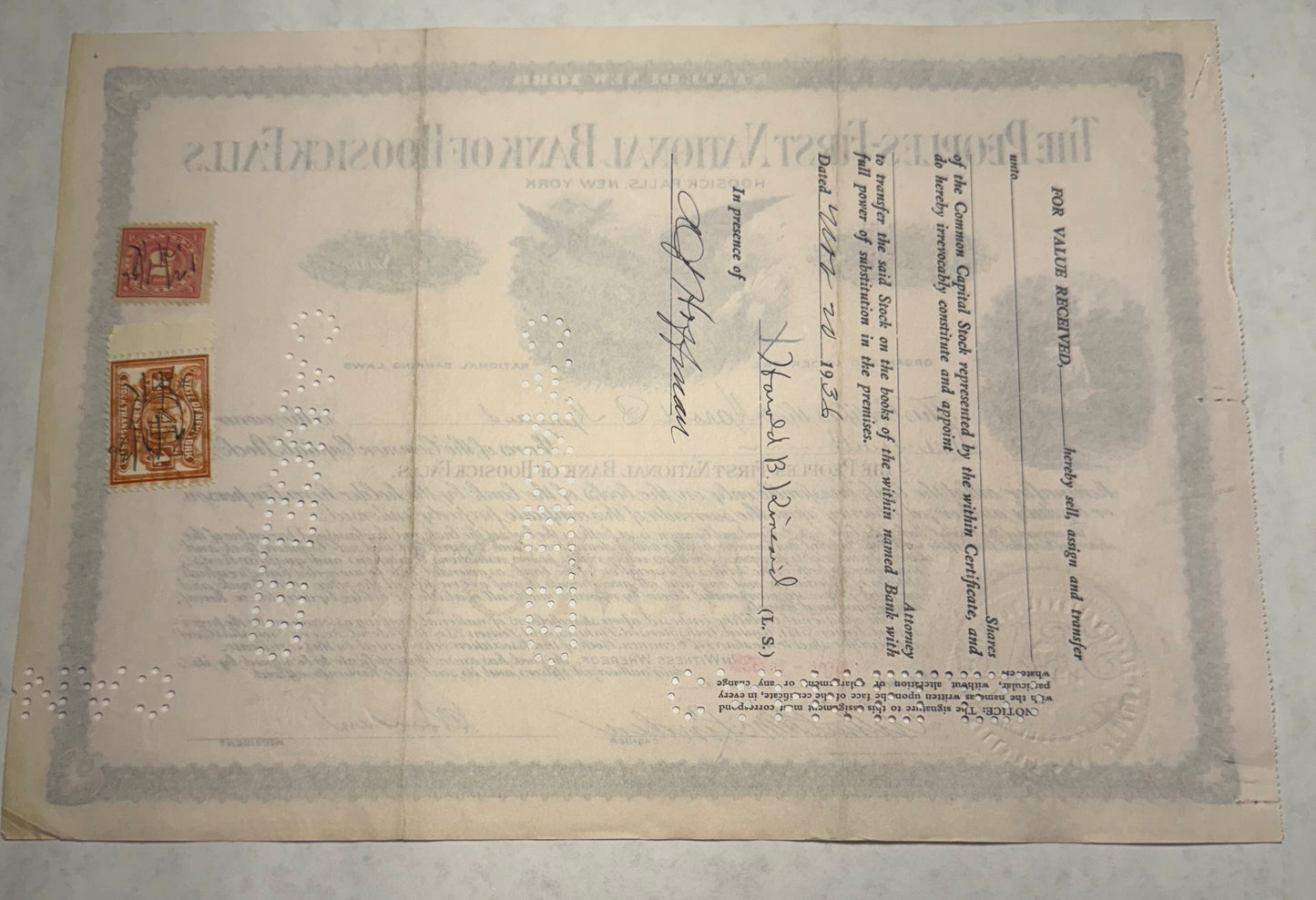 The People's First National Back of Hoosick Falls Stock Certificate