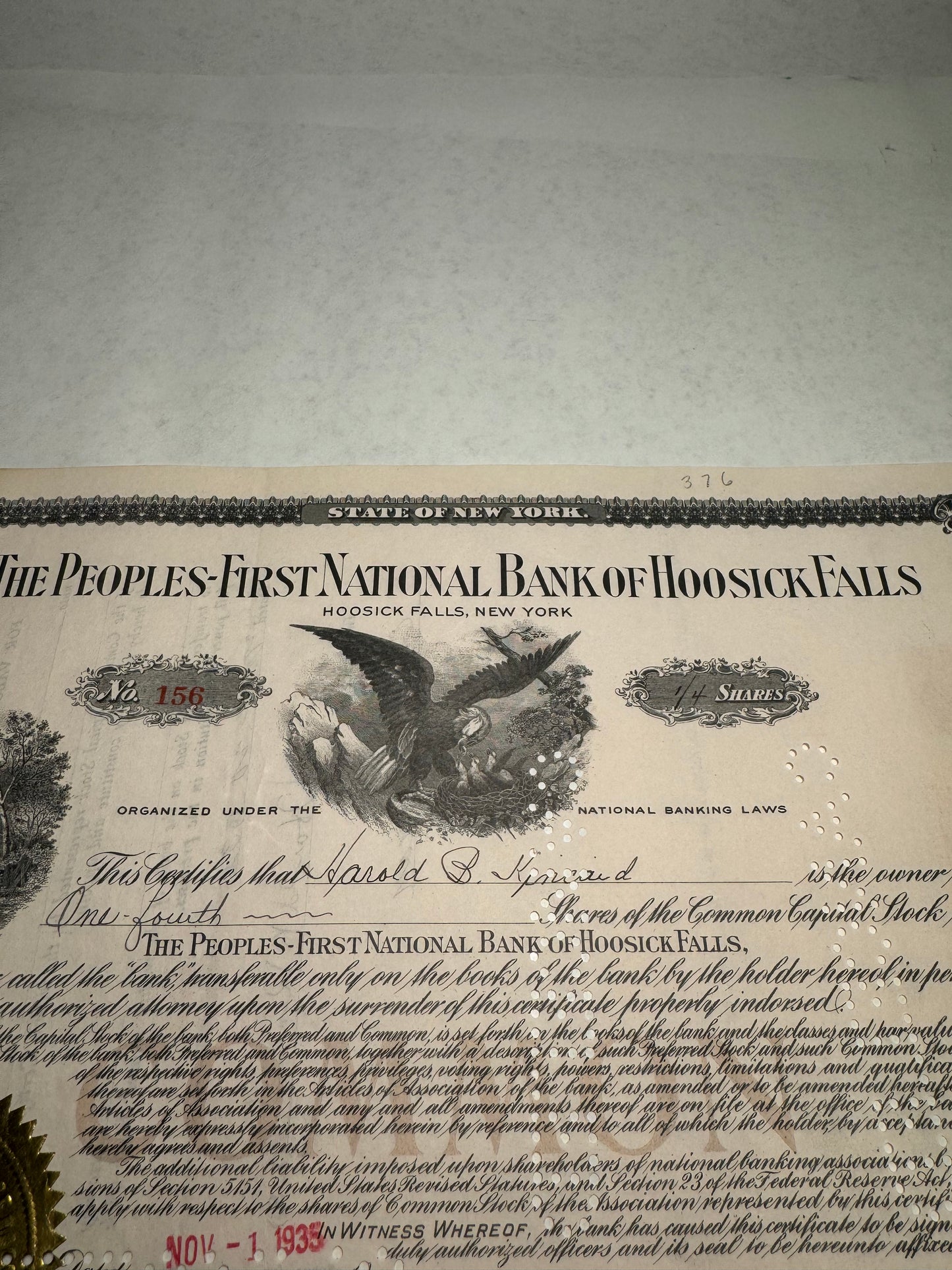 The People's First National Back of Hoosick Falls Stock Certificate