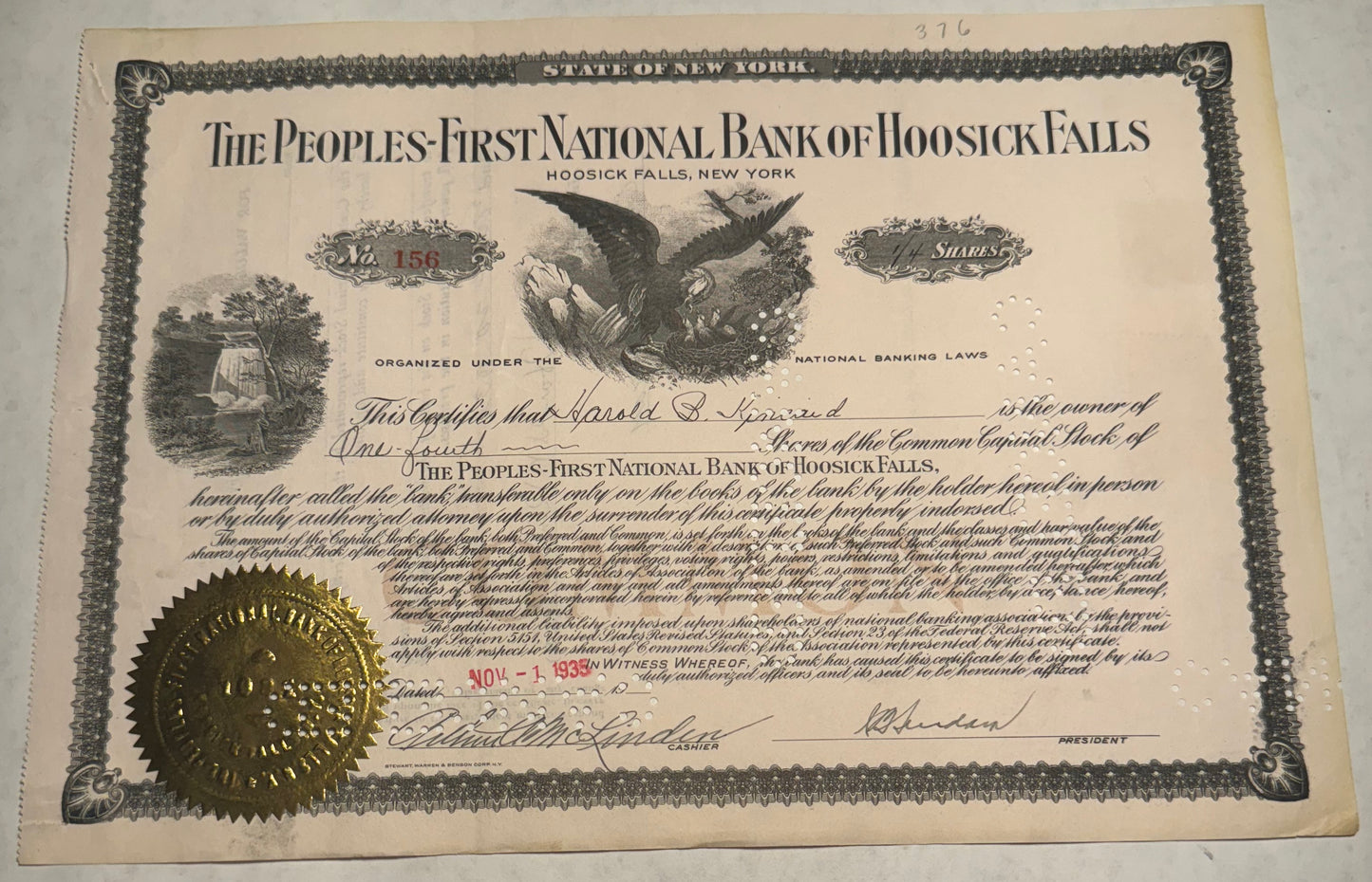 stock certificate from The Peoples-First National Bank of Hoosick Falls