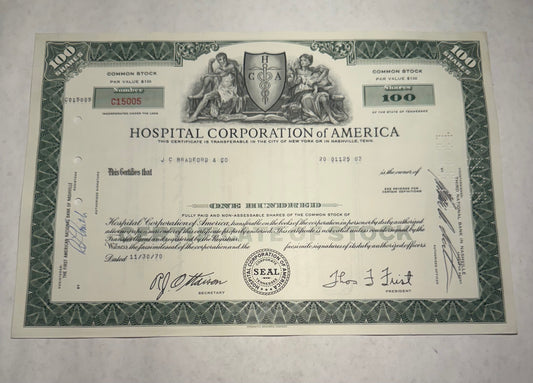 This green stock certificate from Hospital Corporation of America (HCA), issued with cancellation holes, stamps, and handwriting, reflects the company's historical and financial authenticity.