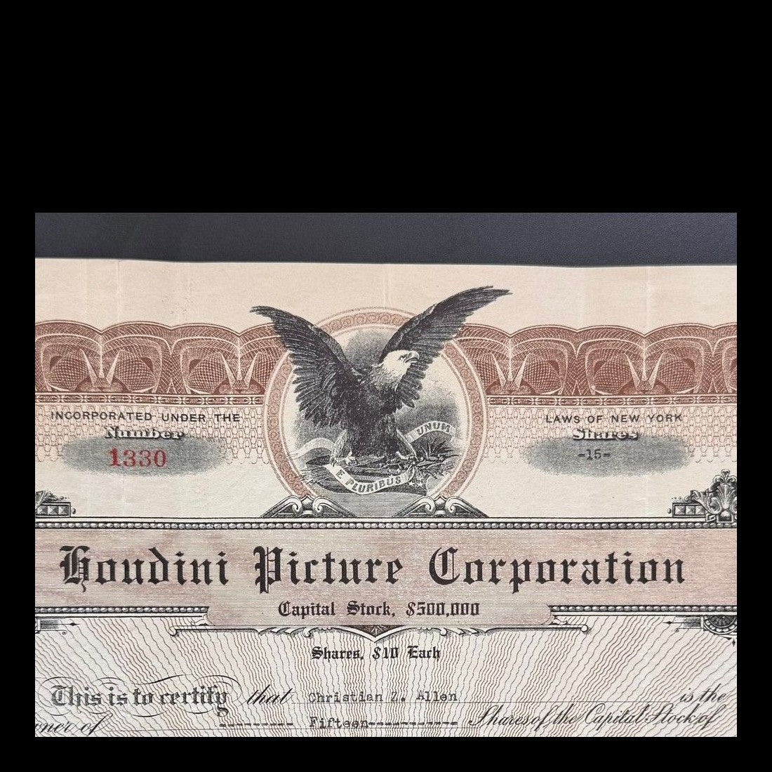 Houdini Picture Corporation Stock Certificate from Early 1900s