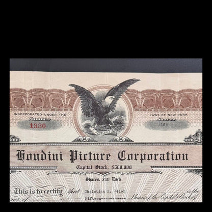 Houdini Picture Corporation Stock Certificate from Early 1900s