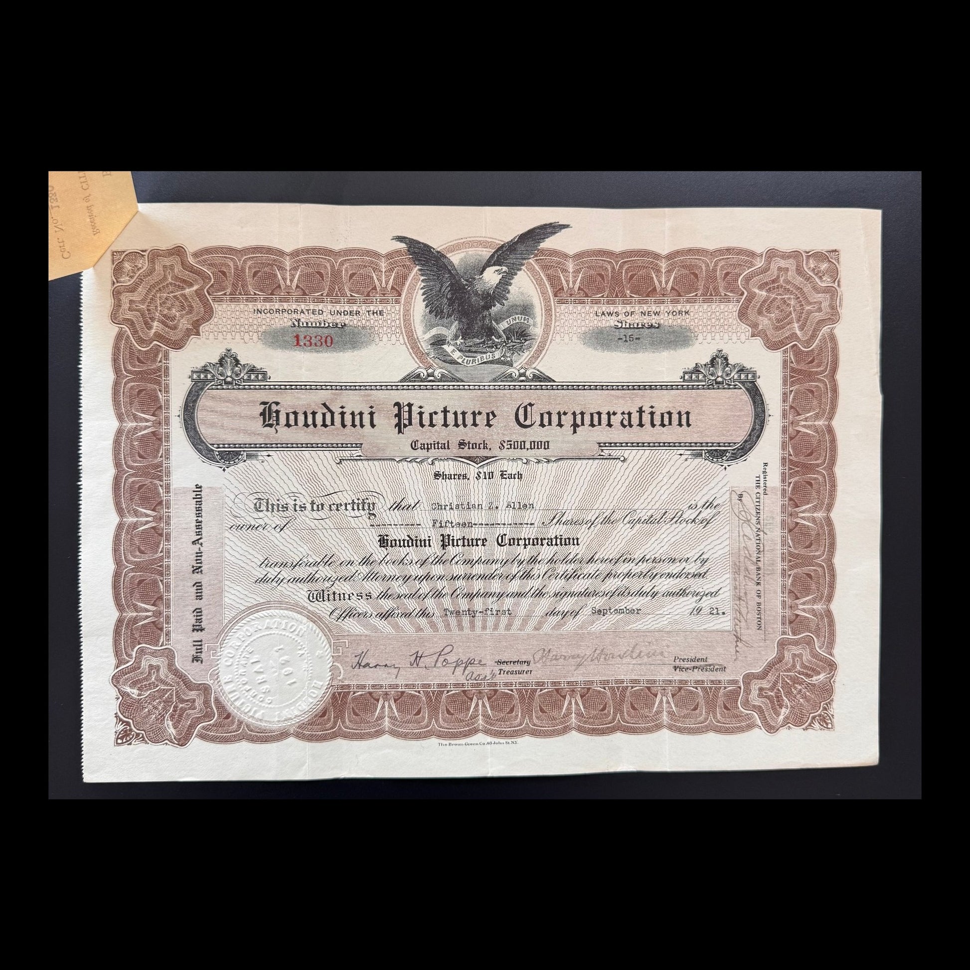 Houdini Picture Corporation Stock Certificate from Early 1900s