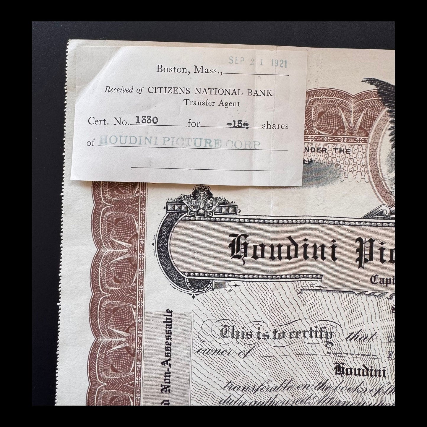 Houdini Picture Corporation Stock Certificate from Early 1900s