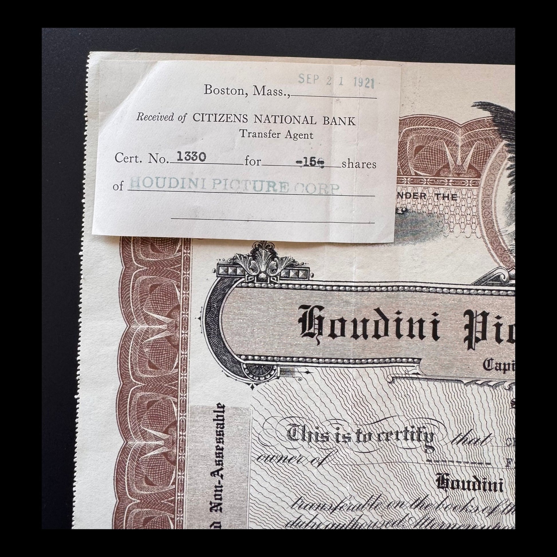 Houdini Picture Corporation Stock Certificate from Early 1900s