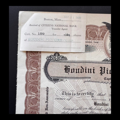 Houdini Picture Corporation Stock Certificate from Early 1900s