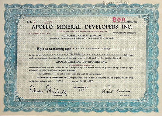 Apollo Mineral Developers Stock Certificate