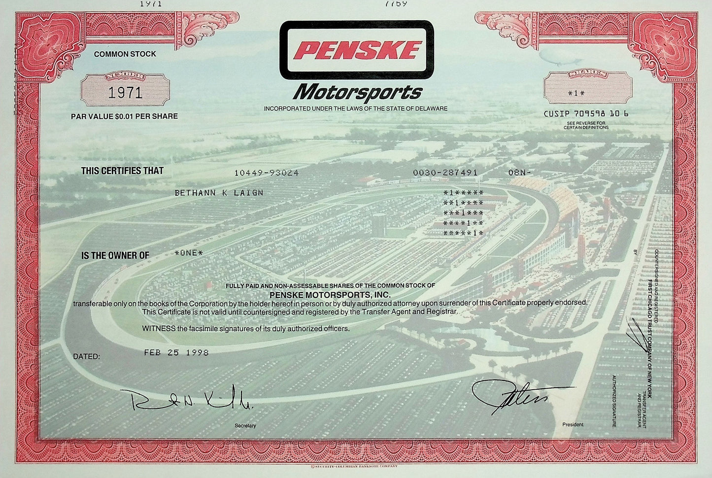 Penske Motorsports Stock Certificate - features racetrack