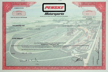 Penske Motorsports Stock Certificate - features racetrack