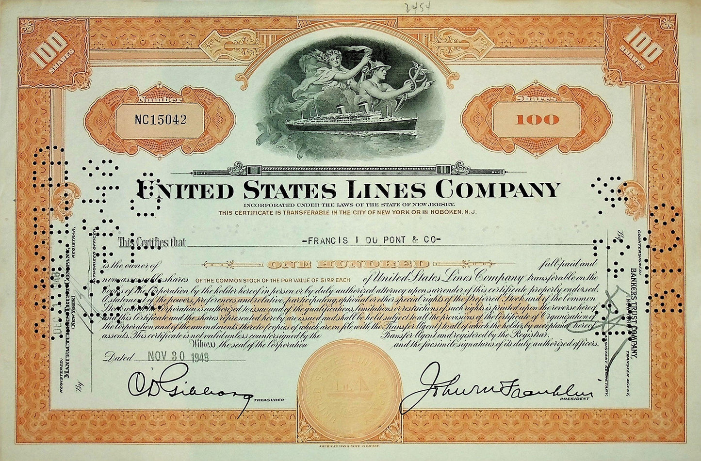 United States Lines Company Stock Certificate from 1940s - Maritime