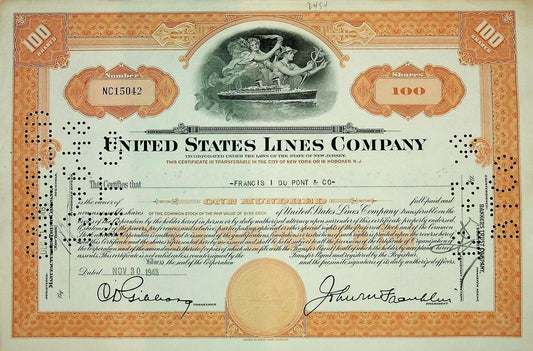 United States Lines Company Stock Certificate from 1940s - Maritime