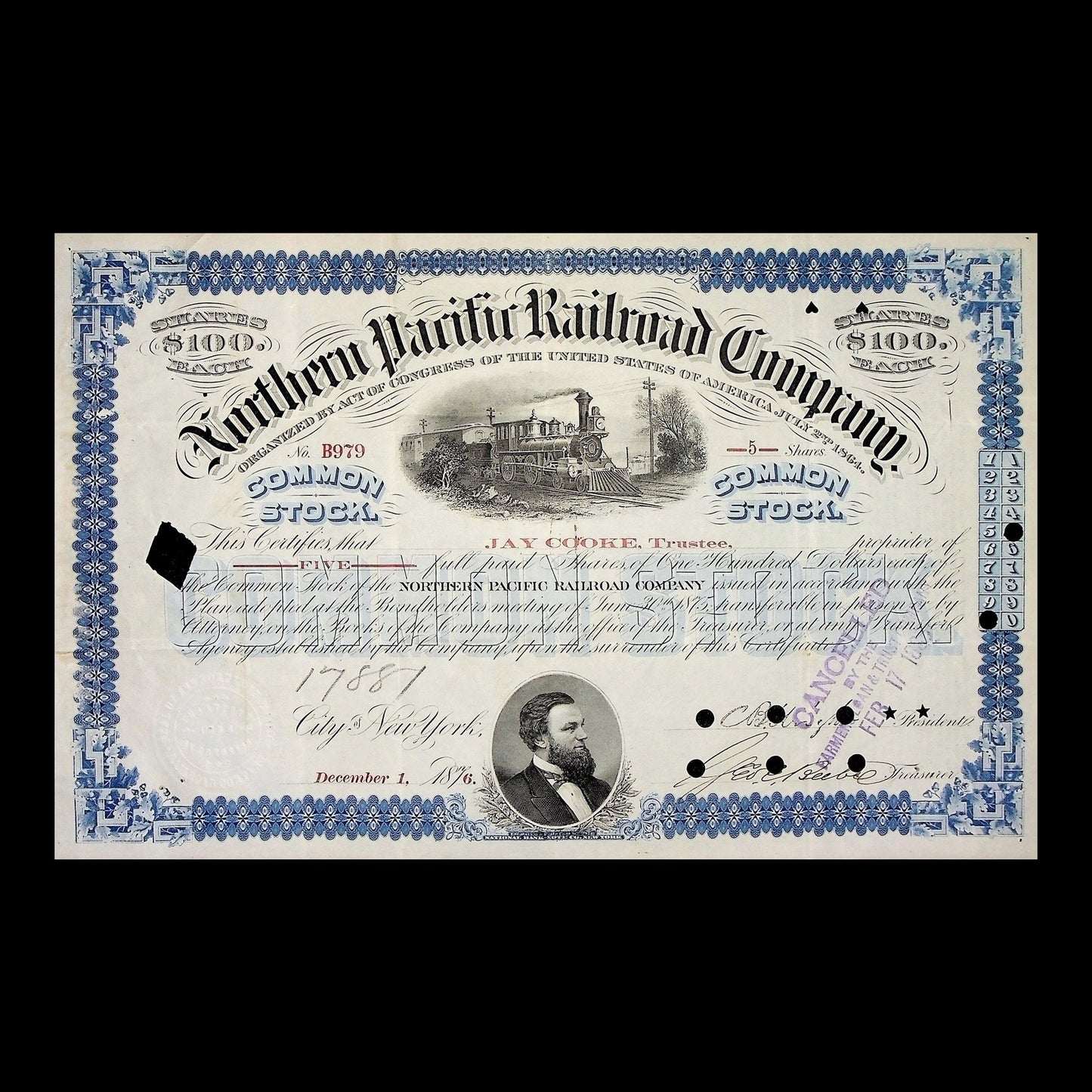 Northern Pacific Railroad Company Stock Certificate Issued to & Signed by Jay Cooke from 1876