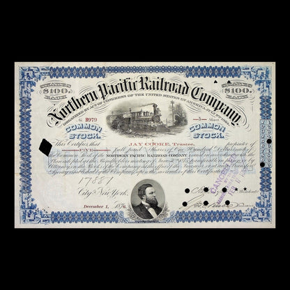 Northern Pacific Railroad Company Stock Certificate Issued to & Signed by Jay Cooke from 1876