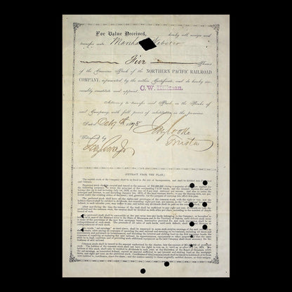 Northern Pacific Railroad Company Stock Certificate Issued to & Signed by Jay Cooke from 1876