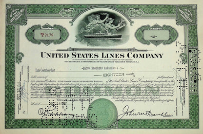 United States Lines Company Stock Certificate from 1940s - Maritime