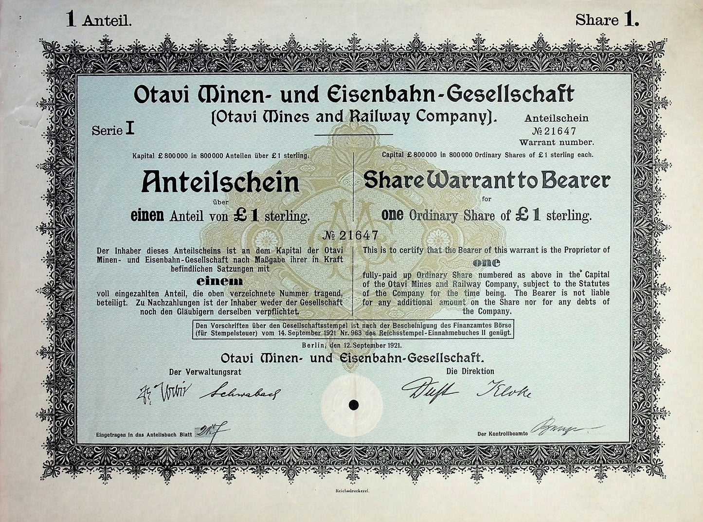 Otavi Mining and Railway Company Share Warrant Certificate from 1921 (English + German)