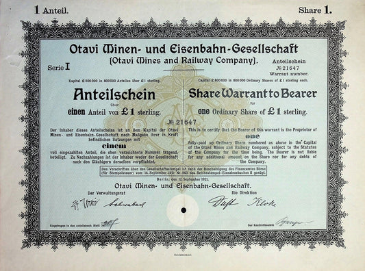 Otavi Mining and Railway Company Share Warrant Certificate from 1921 (English + German)