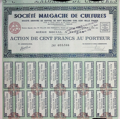 Société Malgache de Cultures - French Madagascar Stock Certificate