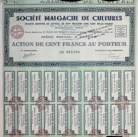 Société Malgache de Cultures - French Madagascar Stock Certificate