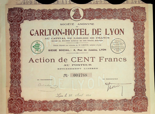 Hotel Carlton from Lyon, France Bond 1931