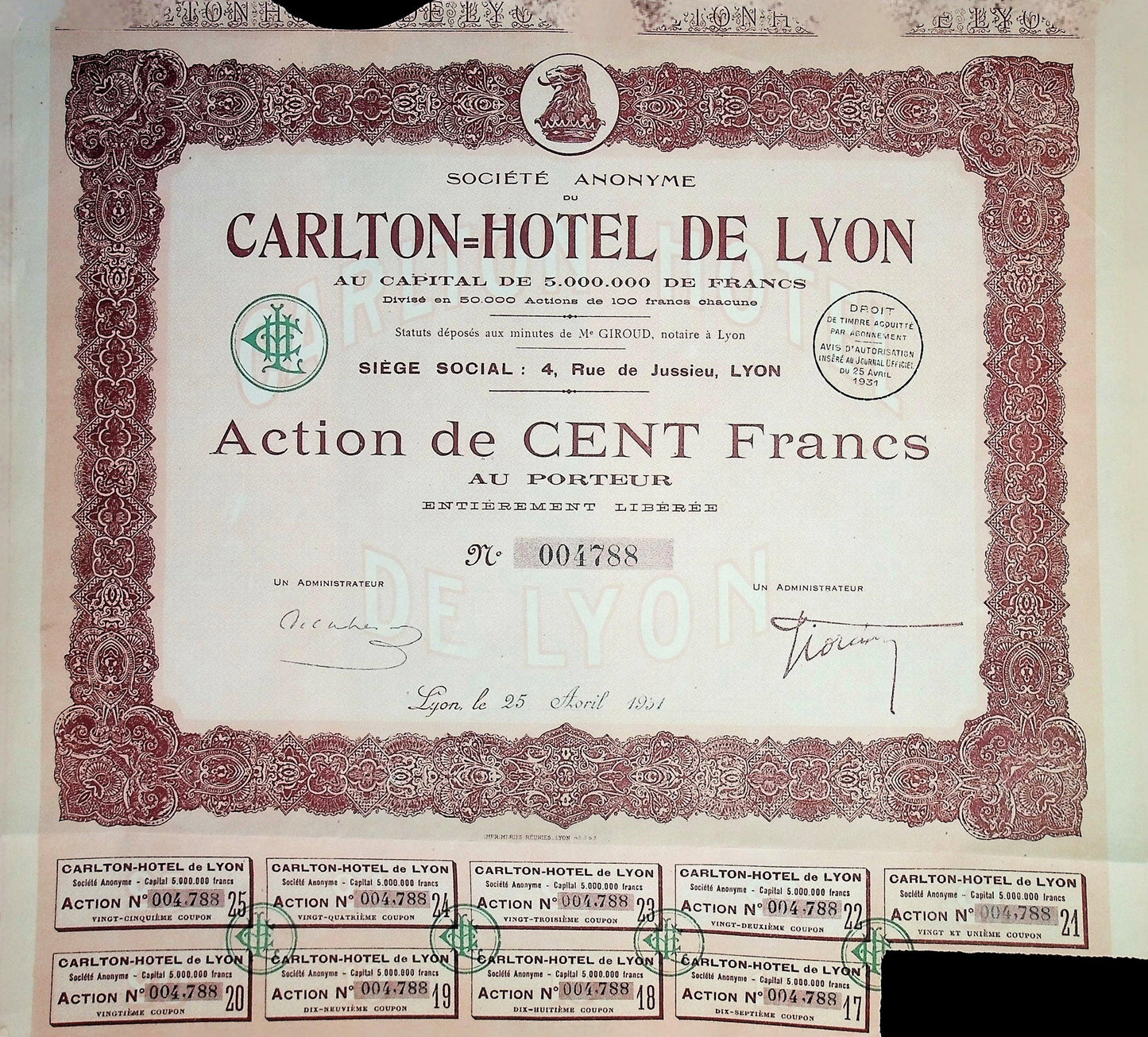 Hotel Carlton from Lyon, France Bond 1931